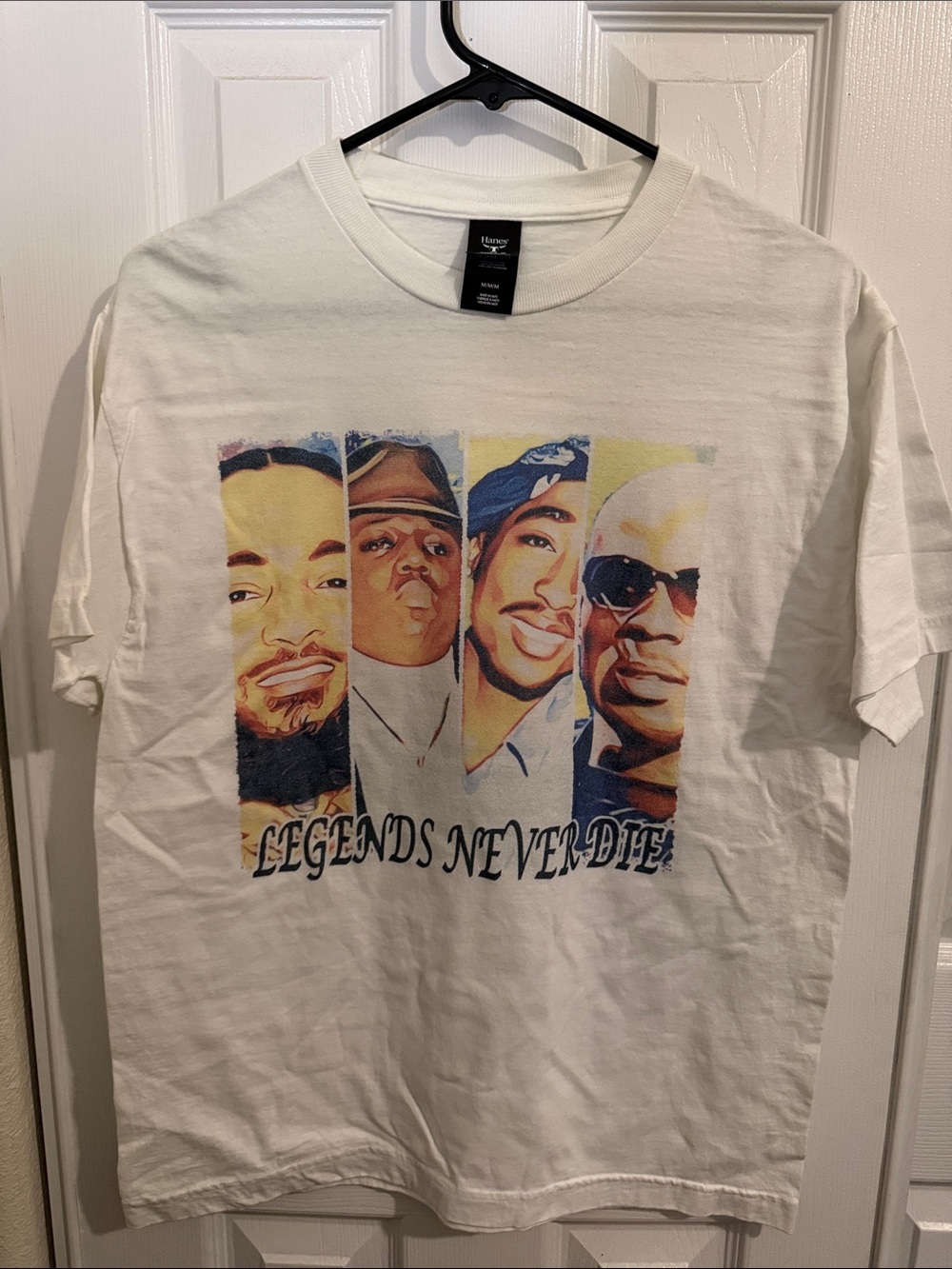 White Graphic Tee with 'Legends Never Die' Portrait Print